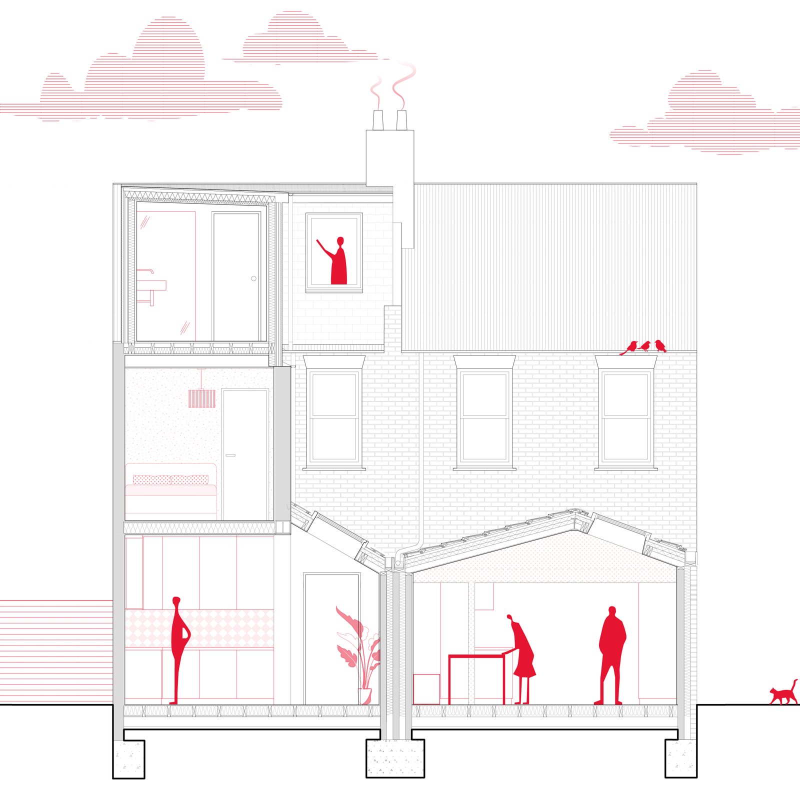Section drawing through a London terraced house with a loft conversion and a pitched-roof rear extension, with figures in red