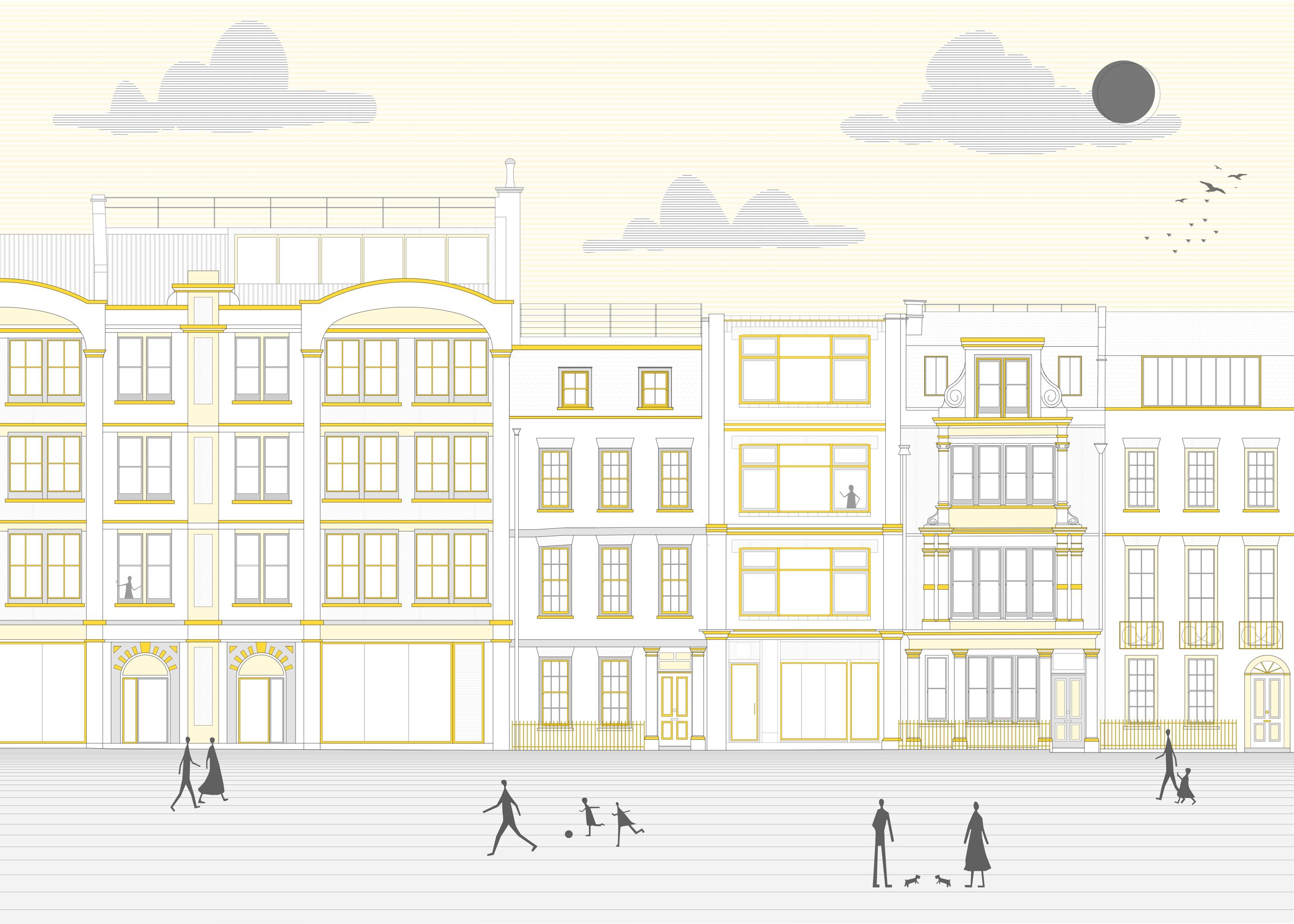 Elevation drawing of a London street of terraced houses and mansion blocks, with people walking, children playing football and a dog walker
