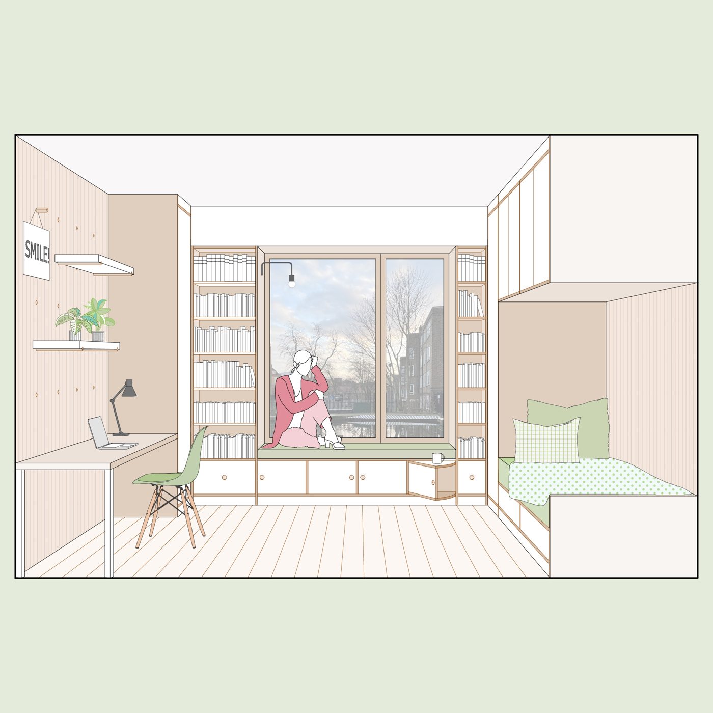 Coloured drawing of a bedroom with a window seat, built-in bookshelves, a desk and a bed nook