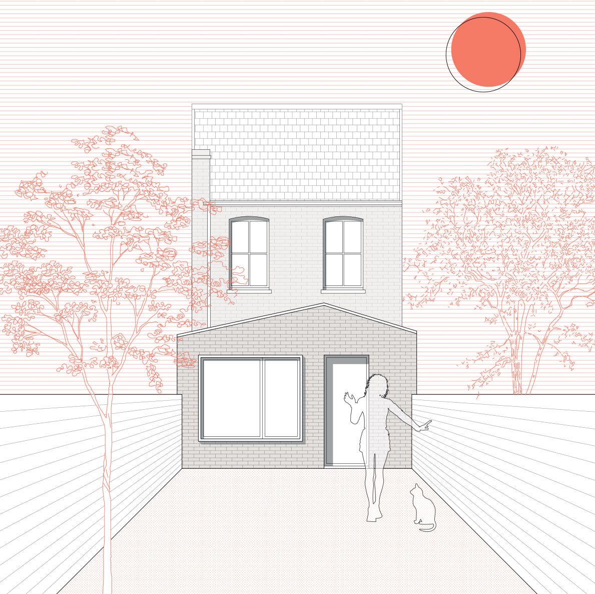 Drawing of a brick house with a pitched-roof rear extension, a figure and a cat in the garden